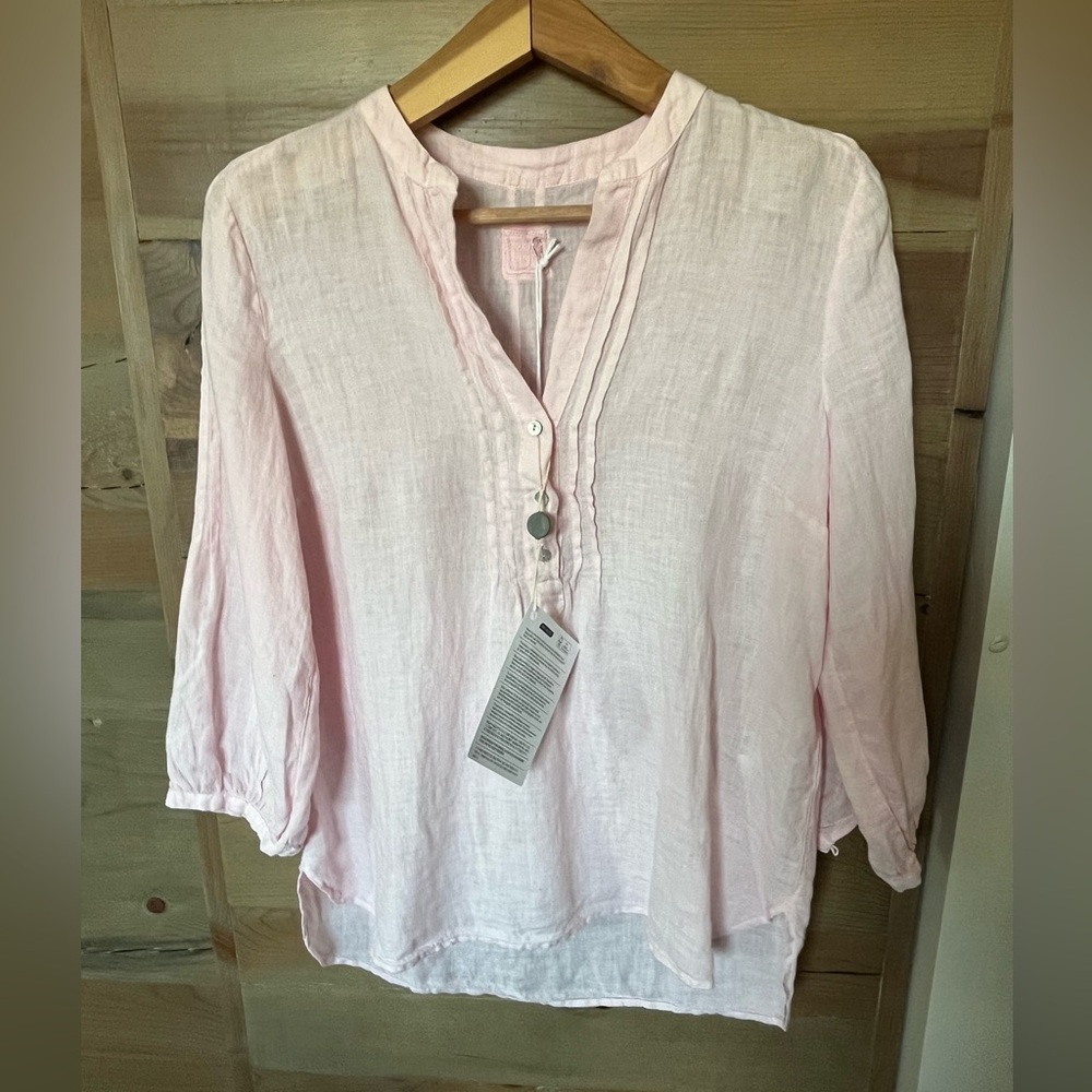 Lino 120 Light Pink Linen Blend Women's Peasant Blouse